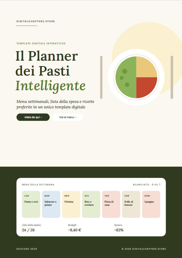 Il Planner dei Pasti Intelligente - Menu settimanali, lista della spesa e ricette preferite in un unico template digitale