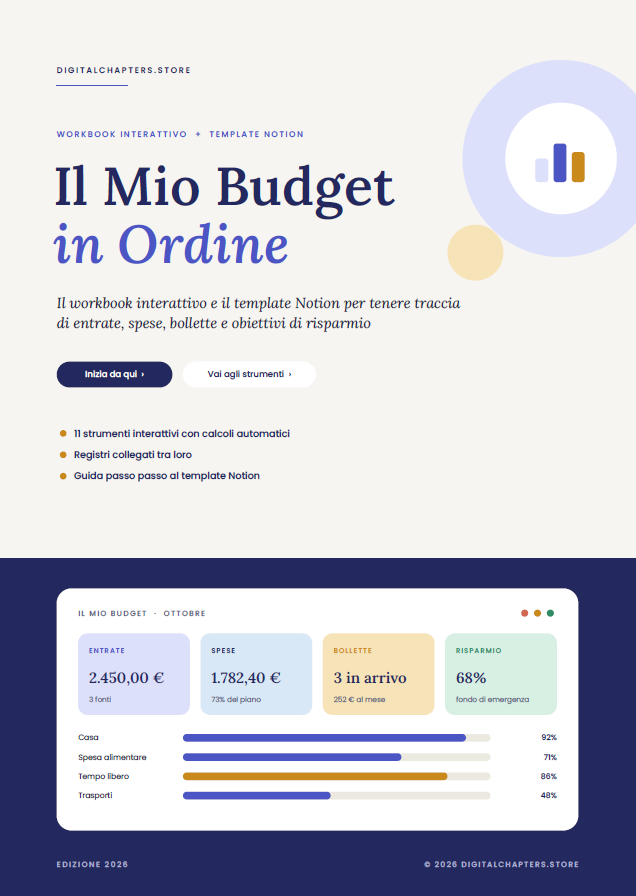 Il Mio Budget in Ordine - Il template Notion per tenere traccia di entrate, spese, bollette e obiettivi di risparmio.